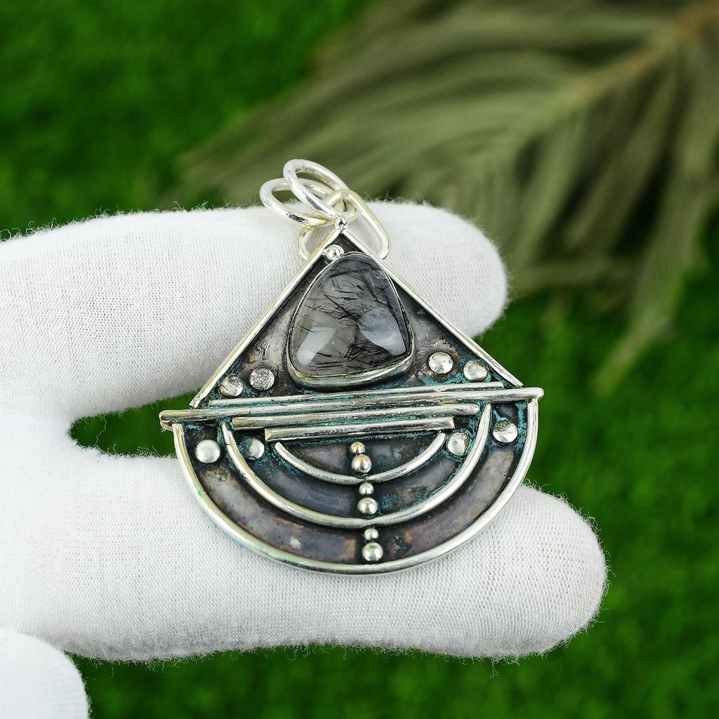925 Sterling Silver Black Rutile Gemstone Birthday Sister Elegant Boho Pendant