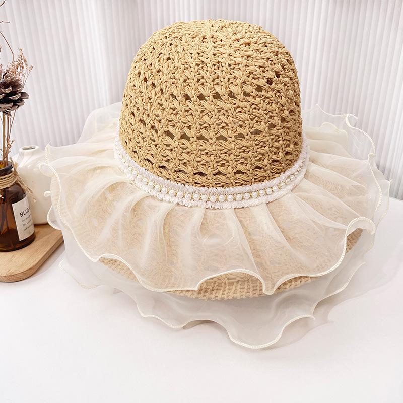 Sun hat children summer straw big brim breathable pearl straw hat beach vacation sunshade sunscreen hat tide