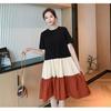 Korean Version of T-shirt Dress Splicing Contrasting Color Schoolgirl Loose Large Size Fashion Foreign Style Medium and Long Knee Skirt Summer