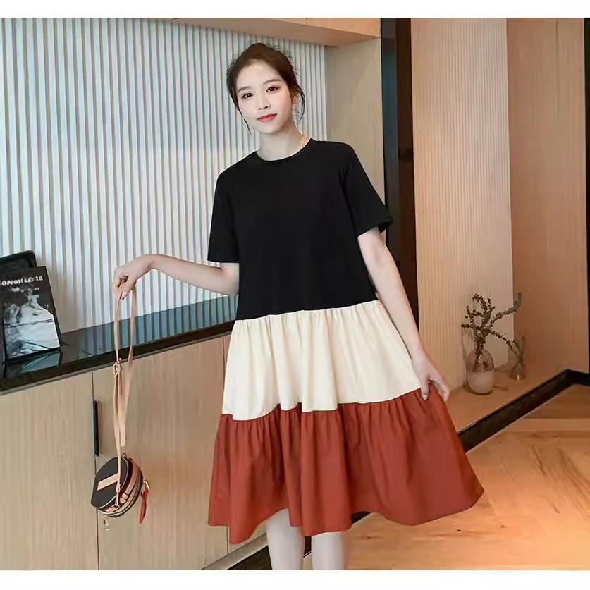 Korean Version of T-shirt Dress Splicing Contrasting Color Schoolgirl Loose Large Size Fashion Foreign Style Medium and Long Knee Skirt Summer