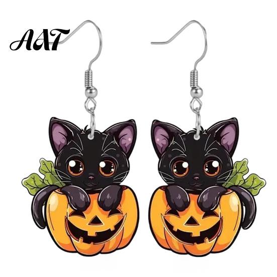 Polished Smooth Edge Jewelry Halloween Black Cat Pumpkin Dangle Earrings, Cute Cartoon Animal Drop Creative Gift for Women Girls, Novelty Holiday
