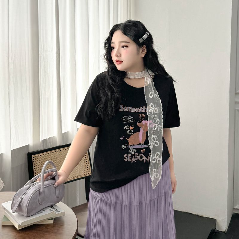 

Plus size women clothing [Summer Gentle Set] Cartoon Puppy Print Short sleeve T-shirt Pleat Skirt Two-piece Set Night Black-T-Shirt 9xl