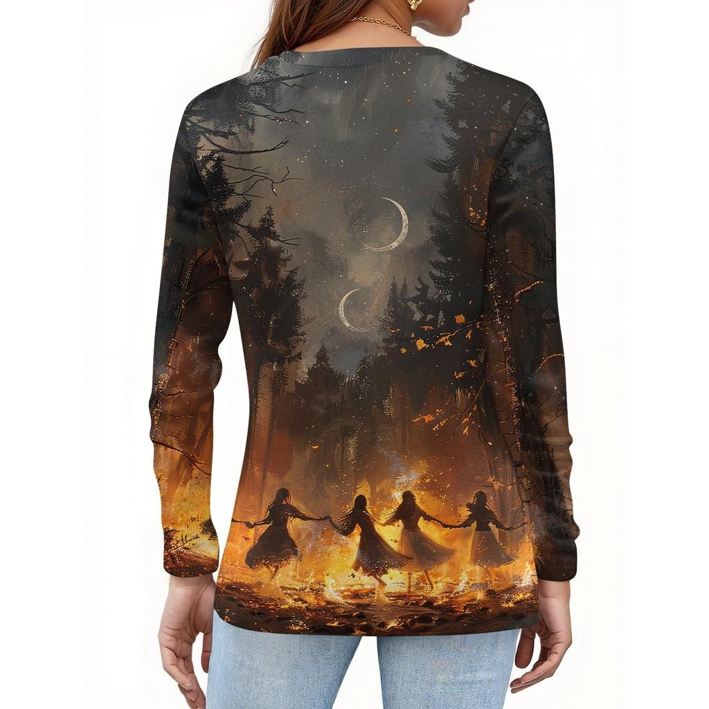 Women's T Shirt Tee HAlloween Print Button Long Sleeve Daily Weekend Fashion Basic V- Neck Regular Top