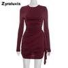 Women's Autumn Winter New Solid Ruffled Ribbon Long Sleeve Bodycon Fit Elegant Mini Dress