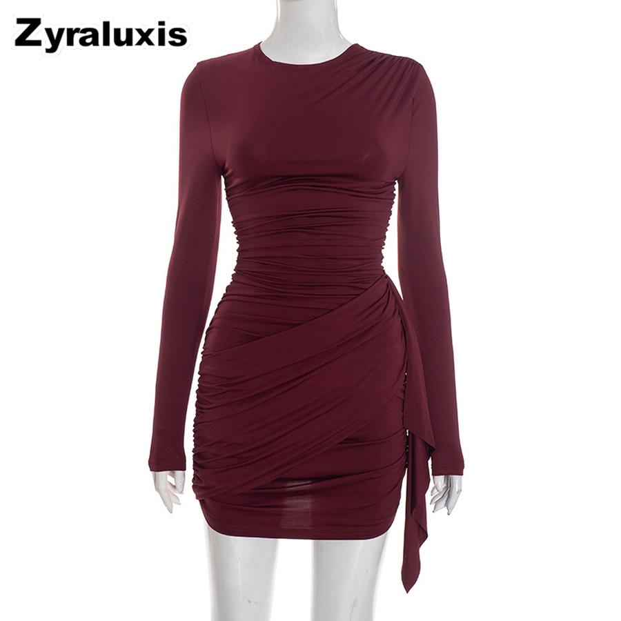 Women's Autumn Winter New Solid Ruffled Ribbon Long Sleeve Bodycon Fit Elegant Mini Dress