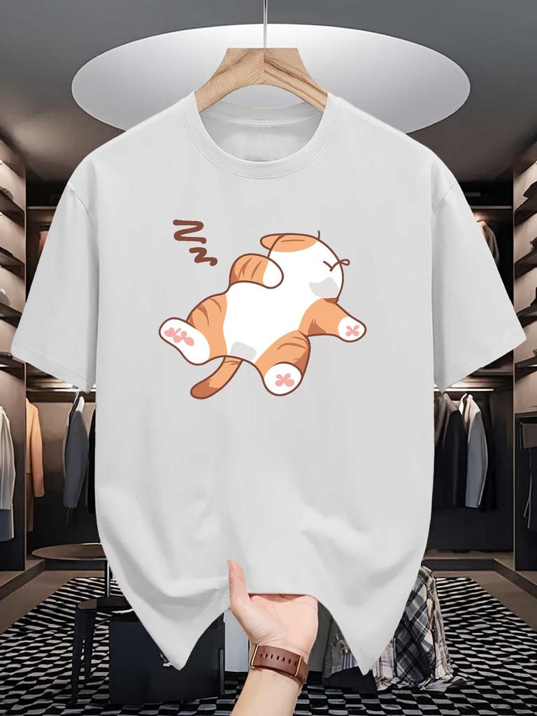 Unisex Black Tee Cute Sleeping Cat Cartoon Animal Graphic Print Crew Neck Short Sleeve Summer Casual Male Cotton Street Top