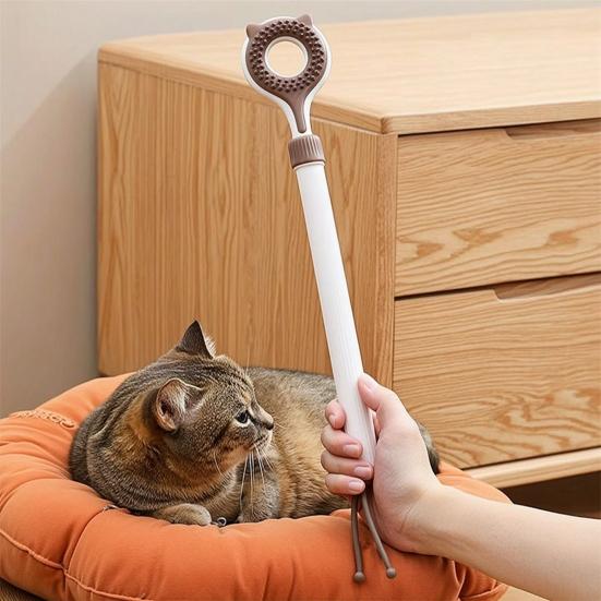 Retractable Cat Back Scratcher, Long Handle Cat Face Massager, Double-Sided Massage Head, Gentle Grooming Tool, 2-in-1 Cat Wand Toy for Indoor Cats