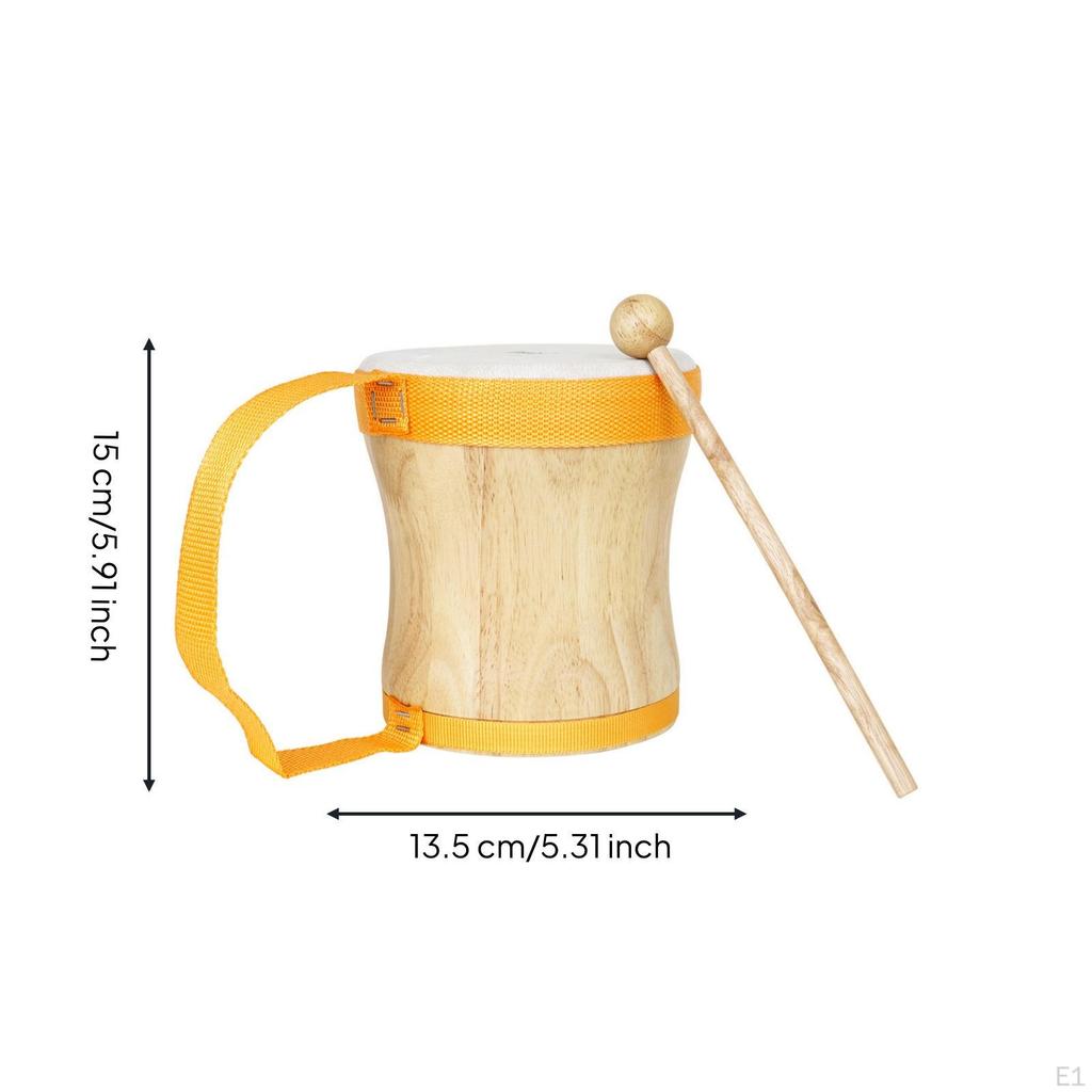 Wooden Drum with Strap Wearable Hand Portable Percussion Instrument for Preschoolers, Young