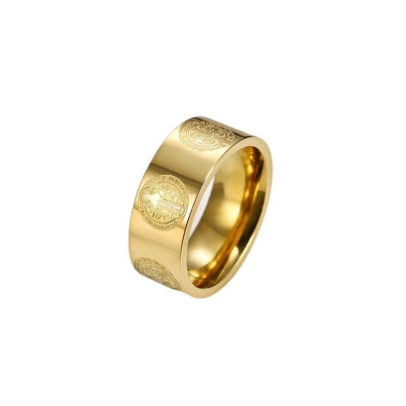 Mens 8mm Stainless Steel Relief Catholic St Saint Benedict Exorcism Cross Ring