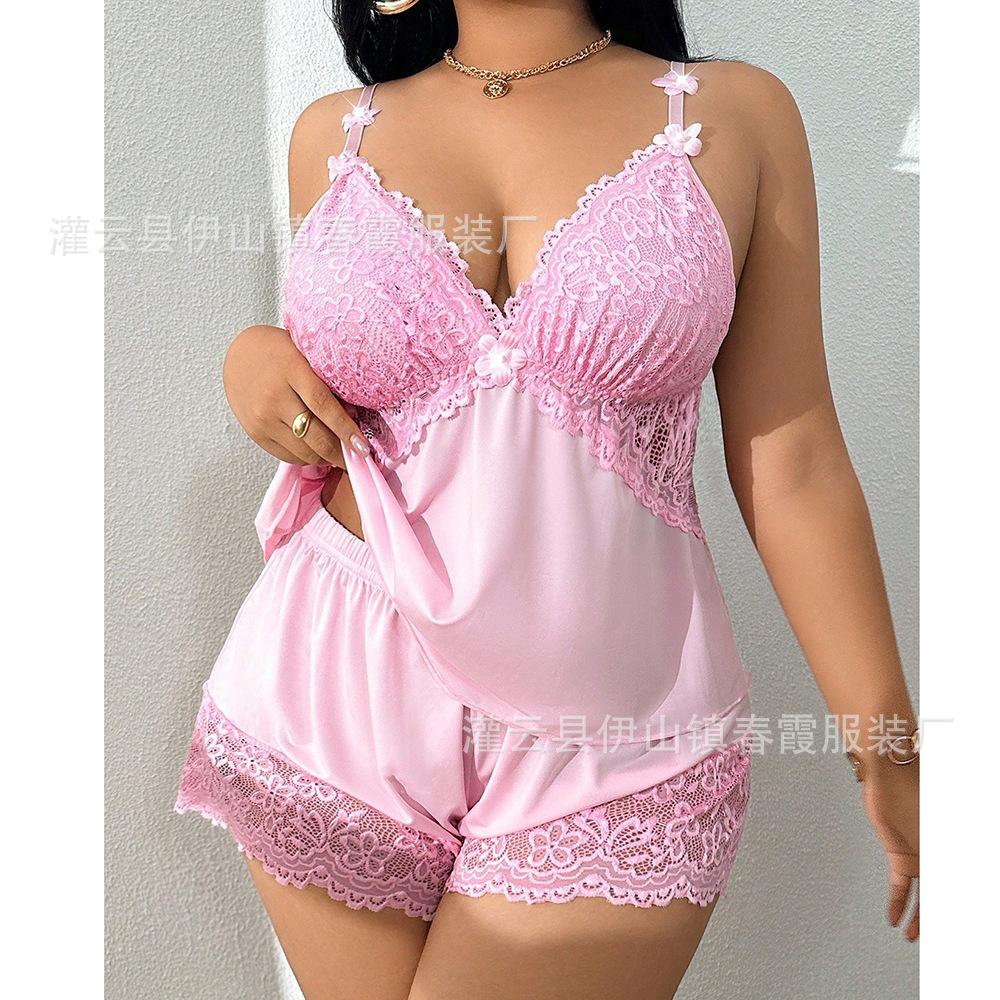 Large size lace sexy pajamas two-piece set sexy suspender shorts set pure loungewear