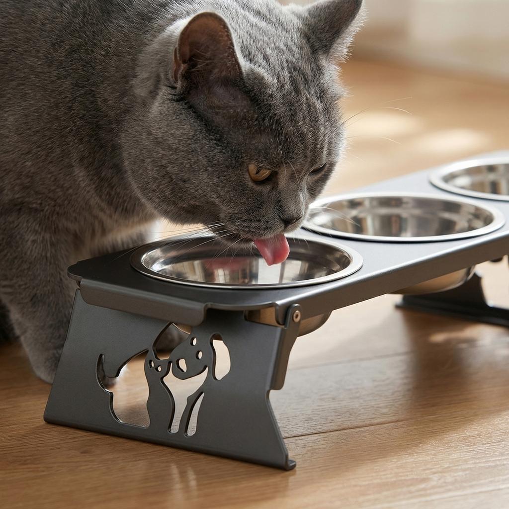 Supporto Pieghevole Regolabile a Tre Ciotole in Acciaio Inossidabile per Animali Domestici, Alimentatore per Cani Piccoli e Gatti, Ciotole Staccabili per Cibo e Acqua
