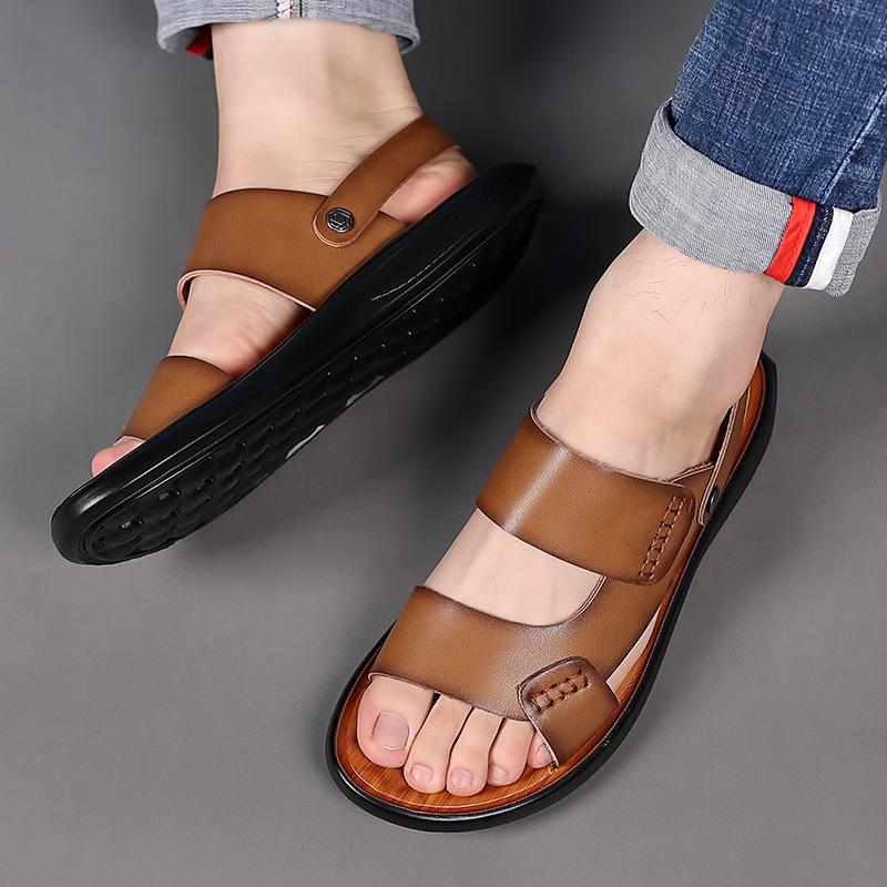 2025 Men's Genuine Leather Sandals: Beach & Casual Non-Slip Soft Sole Dual-Use Summer Shoes