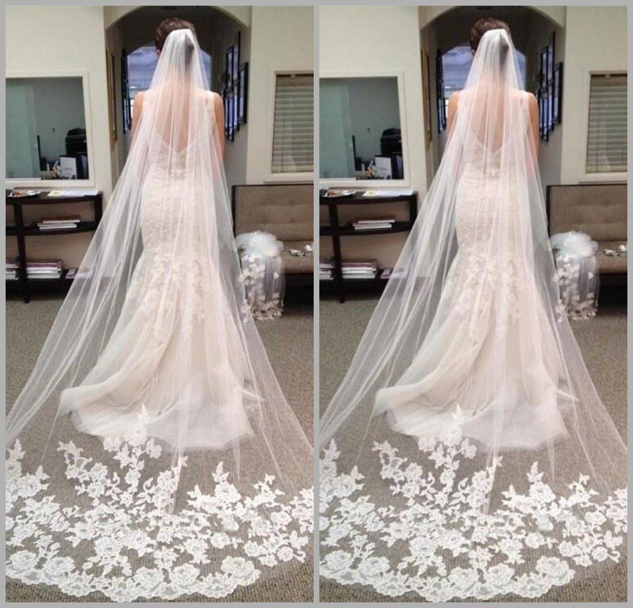 Velo da Sposa Lungo con Applicazioni in Pizzo Coreano (3m) - Squisita Garza Morbida per Nuove Spose, Bianca/Bianco Sporco