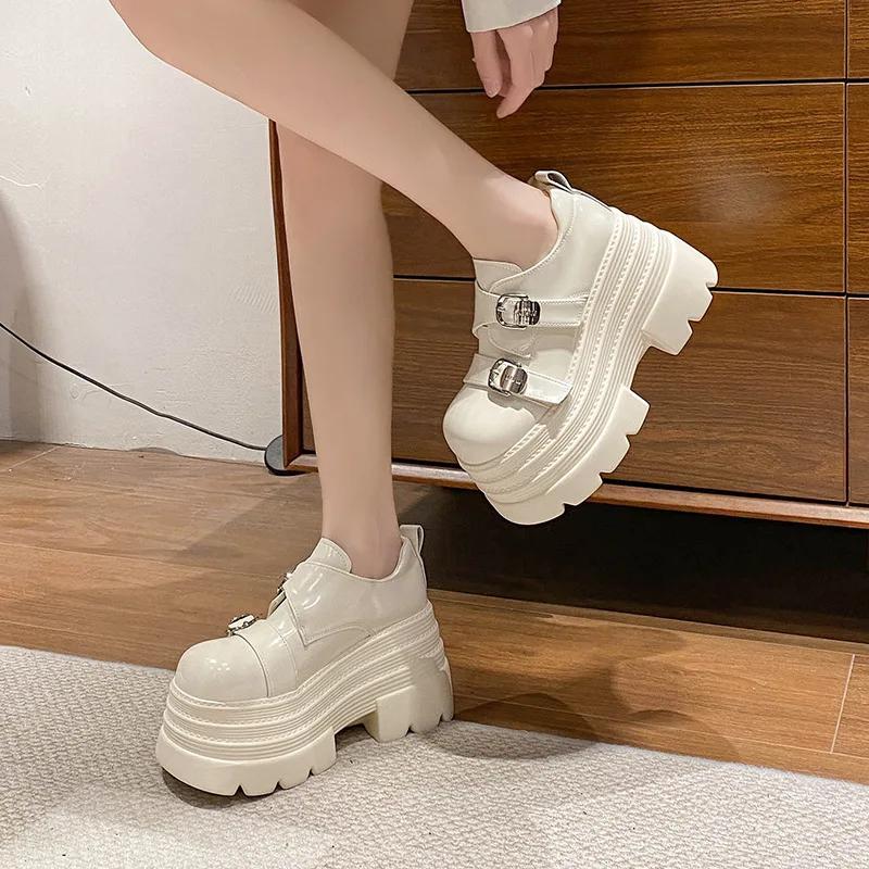 10CM Heels Women Leather Loafers Fad Designer Belt Buckle Lady Mary Jane Shoe Retro British Thick Sole Casual Shoe Zapatos Mujer