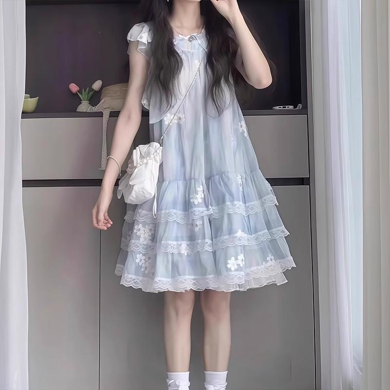 Girls French Floral Tulle Dress Elegant A Line Princess Skirt for Big Kids Sweet Summer Party Gown