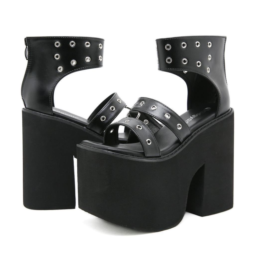 Gdgydh Black Punk Gothic Platform Sandals Open Toe Buckle Strappy Sexy Rivets Thick Heels Footwear Summer Shoes for Women