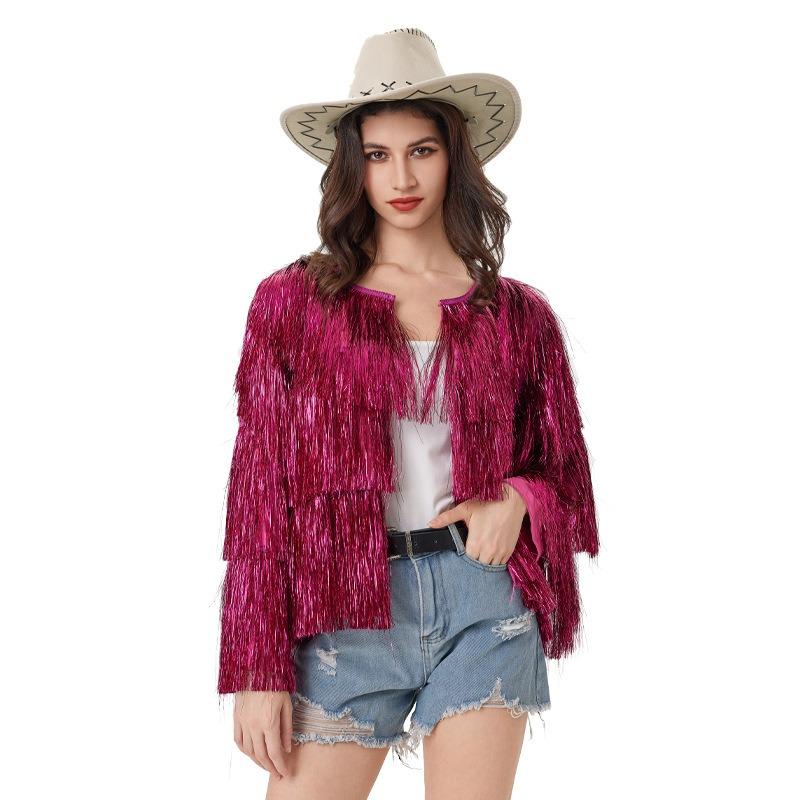 

Silver Tassel Long Sleeve Jacket Spring Summer Halloween Cardigan Jacket Women XL рожевий червоний колір