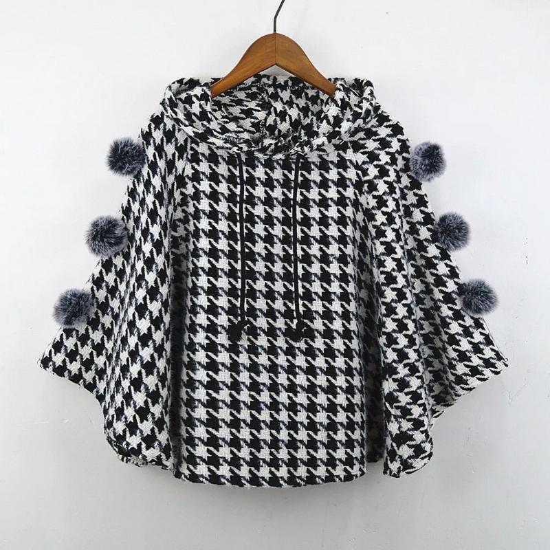 

Осень и Зима Новинка Женский Плащ-накидка Летучая мышь Свободный Утолщенный Клетчатый Плащ с капюшоном OneSize чёрный