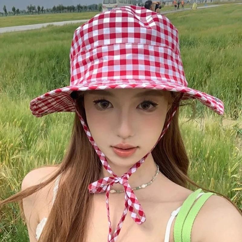 Vintage Plaids Bucket Hats Women Versatile Sweet Lace-up Fisherman's Hat Summer Big Brim Sun Protection UV Protection Sun Hat