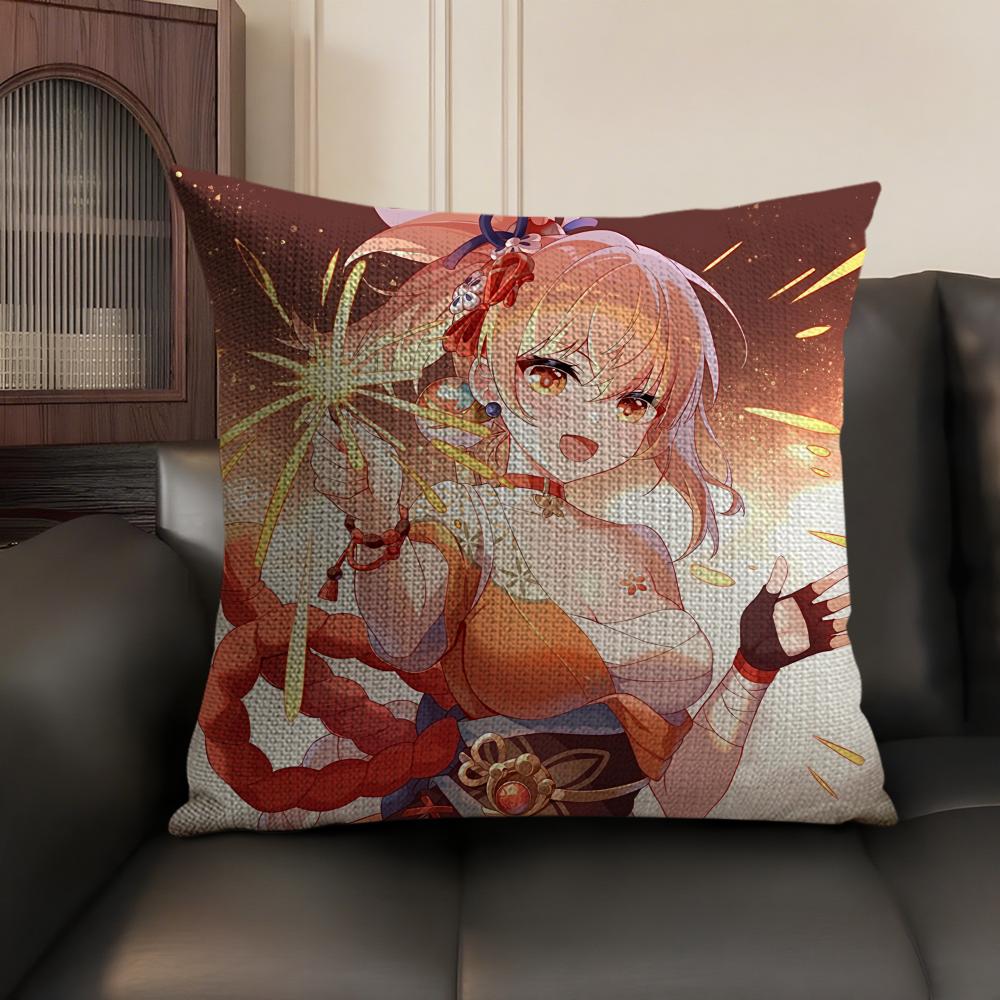 Yoimiya Genshin Impact Cute Cushion Cover Natural Linen Organic Fabric DoubleSided Printing Sofa Home Decor Gift Pillow Case