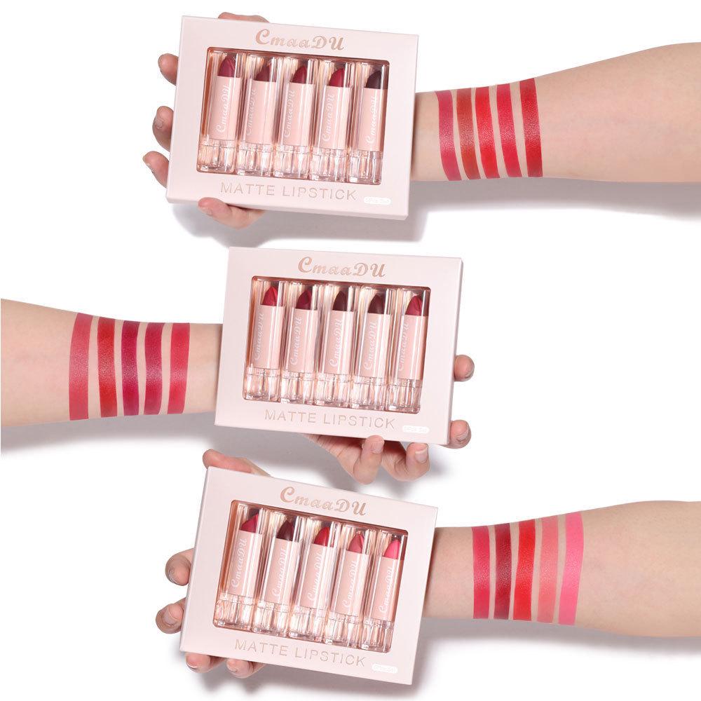 CmaaDu Velvet Matte Lipstick Set: 5-Piece True Red Moisturizing Gloss for European & American Makeup.