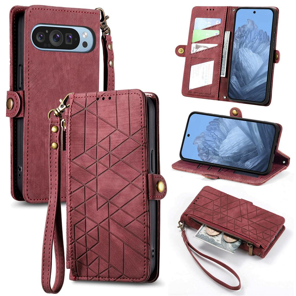 Geometric Embossed Flip Zipper Card Holder Wallet Leather Case for Google Pixel 11 Pro XL 10 9 8 7 6 A Shockproof Stand Cover