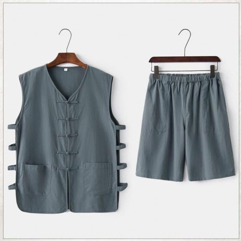 Tangdräkt Herr Mellanålders och Äldre Västkostym Sommar Herr Pappa Kostym Äldre Sommarväst Morfar Hanfu Kläder