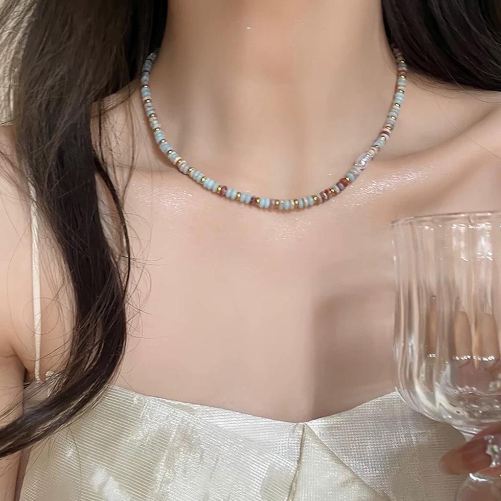 Colorful Artificial Crystal Bead Necklace Adjustable Length Beaded Neckchain Fashionable Beach Wear Jewelry for Women