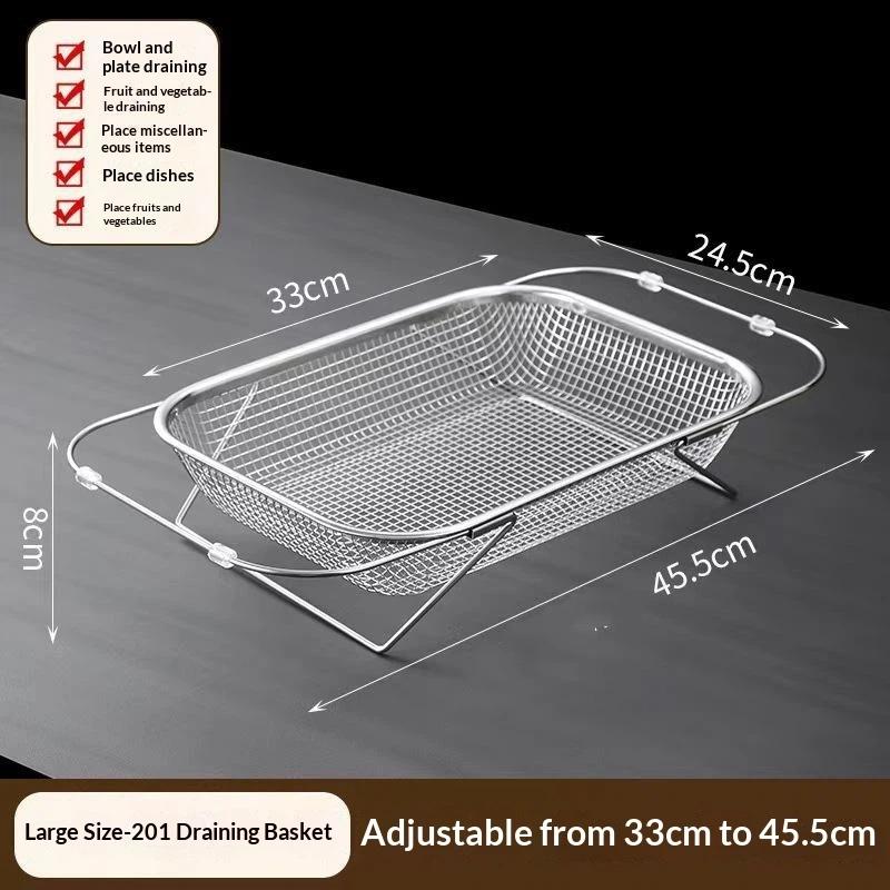 Adjustable Arm Stainless Steel Sink Drain Basket Expandable Rust Proof Mesh for Home Kitchen Vegetable Washing Food Drying