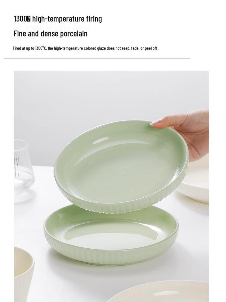 Milky White & Green Ceramic Deep Soup Plate, Microwaveable - Creative Round Tableware.