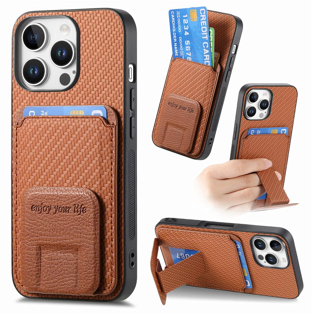 C1-11 for iPhone 16 Pro Case Card Holder Carbon Fiber Texture Leather Coated TPU Phone Cover