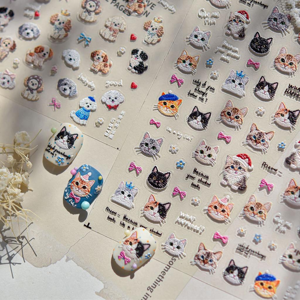 Cartoon Embossed Cute Embroidery Puppy, Kitten, Little Bear, Ballet Style Nail Stickers
