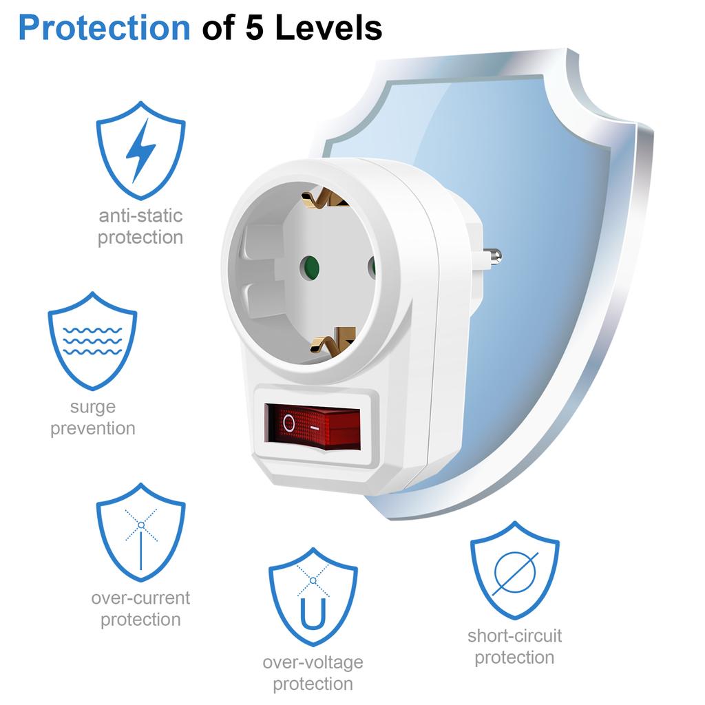 European Conversion Plug EU Socket Adapter with ON/OFF Switch German Standard Extension Stocket Power Outlet Converter