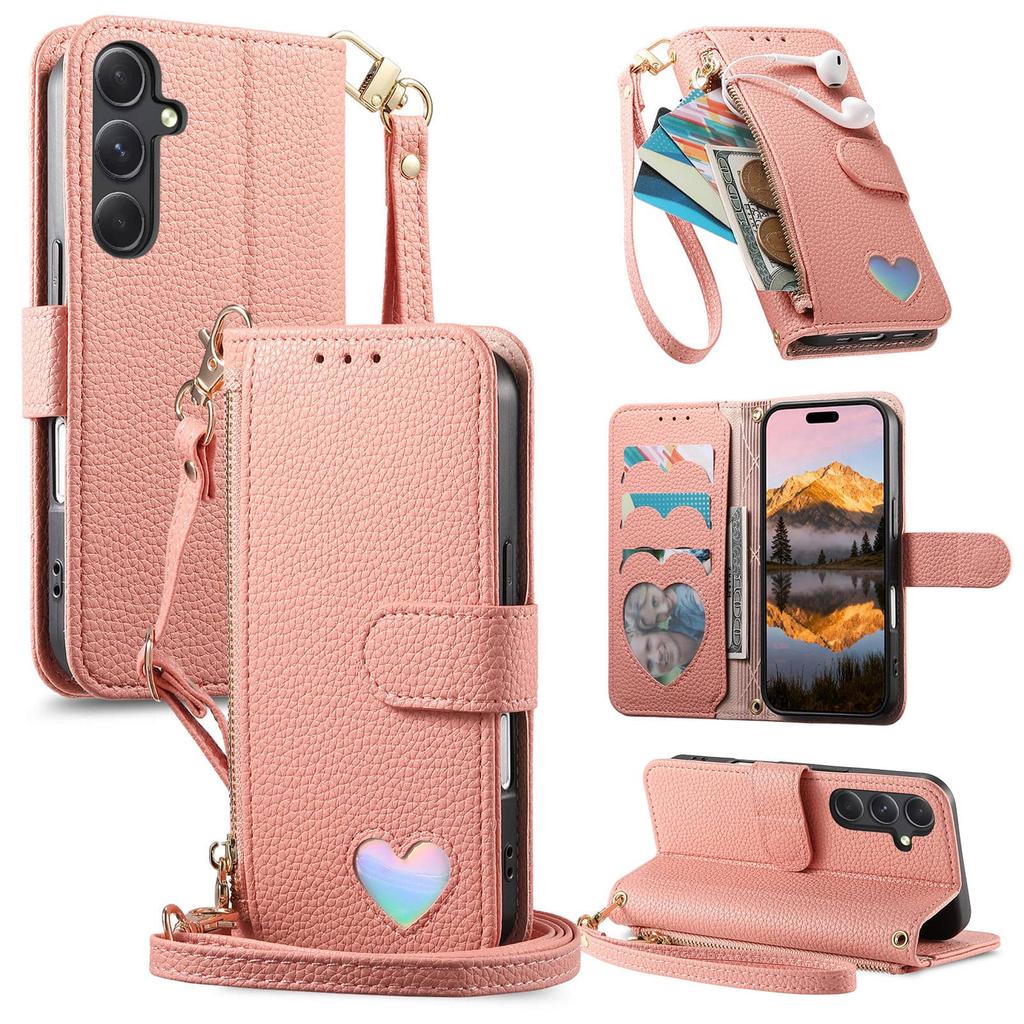 For Samsung Galaxy A57 A56 5G A54 A53 A52 A51 A71 4G A50 A30S Wallet Case - Zipper Purse with Card Holder, Stand, Wrist Strap