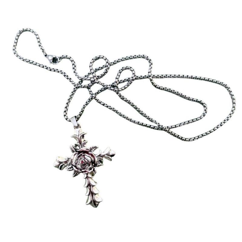 Neo-gotischer tiefroter Rosen-Oxidationssilber-Kreuz-Anhänger Lange Halskette für Damen Herren Hip-Hop Street Pullover Kette Schmuck Geschenke