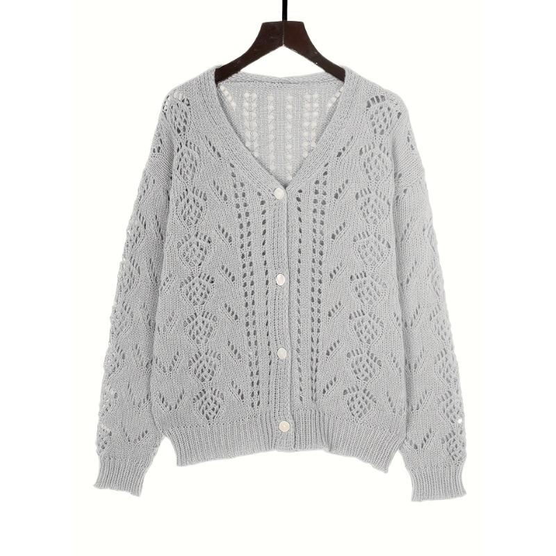 Women's Vintage Knitted Sweater Hollow Out Breathable Button Cardigan V-Neck Outer Solid Colour Top
