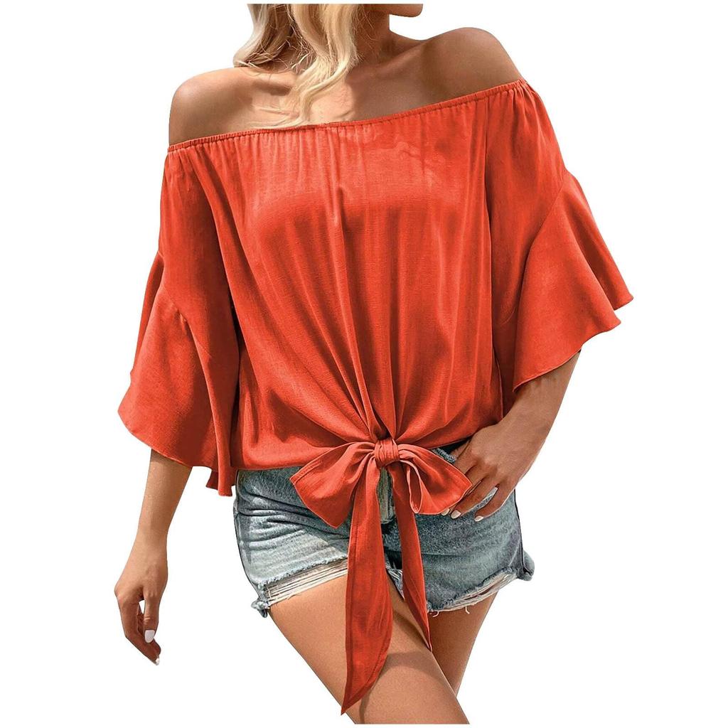 Women's Pleated Off The Shoulder Flowy Tops Sleeve Tie Knot Casual Vacation Blouse Ruched Shirts Plus Size