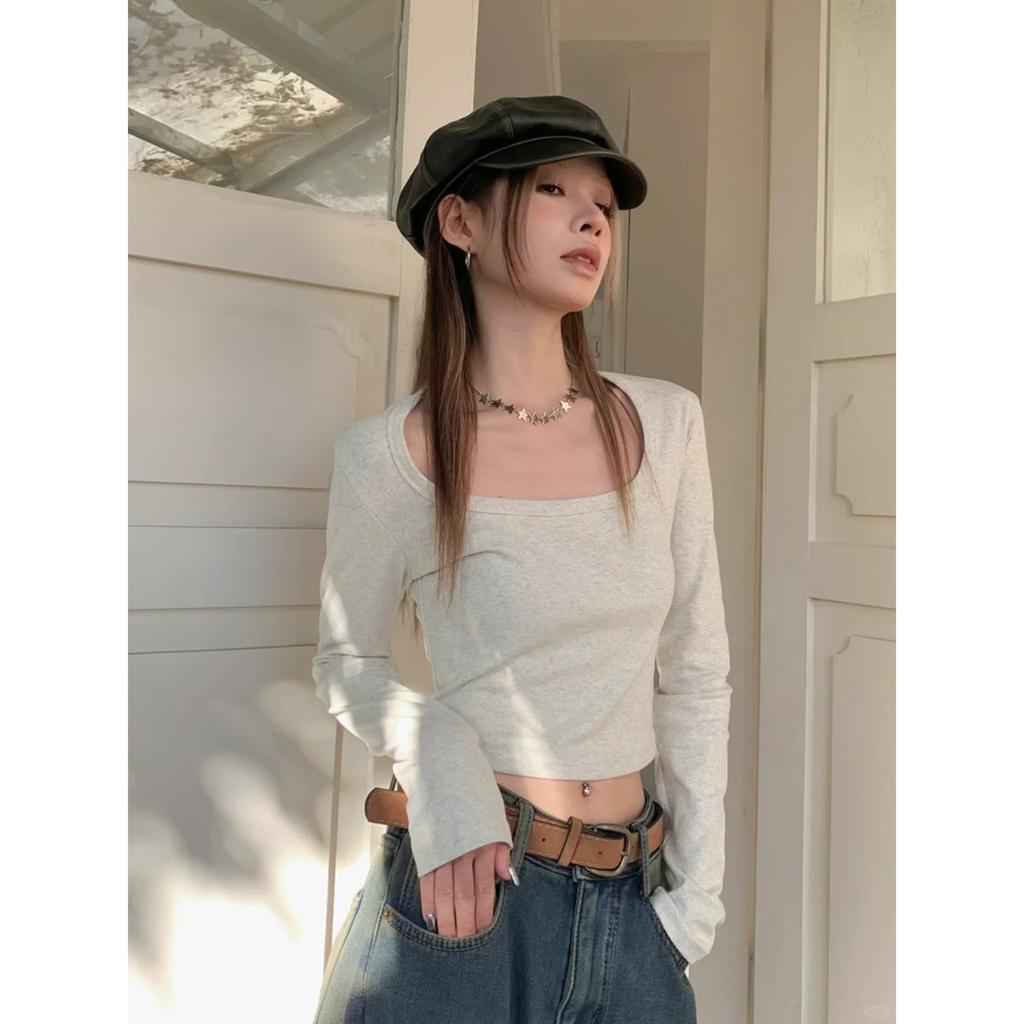 [Original Quality] Simple Casual Large Neckline U-neck Solid Color Long-sleeved Bottoming Shirt for Women's Autumn Slim and Versatile T Women