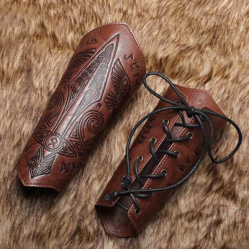 1PC Medieval PU Leather Wrist Guards Viking Warrior Embossed Leather Gauntlets Knight Arm Gloves Retro Gothic Wristbands