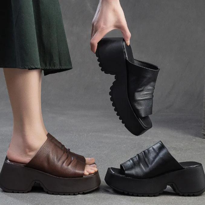 Johnature Retro Peep Toe Venkovní Platformové Pantofle Pravá Kůže Pohodlné Zvyšující Výšku Dámské Boty