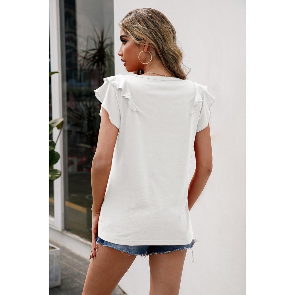 Damen Freizeit Locker Einfarbig Rundhals Rüschenbesatz Kurzarm Pullover T-Shirt Top