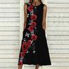 Oversized Women Sleeveless Round Neck Dress Dense Floral Printed Flowy Mid Calf Gown
