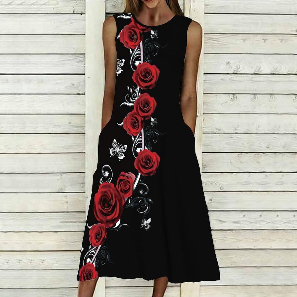 Oversized Women Sleeveless Round Neck Dress Dense Floral Printed Flowy Mid Calf Gown