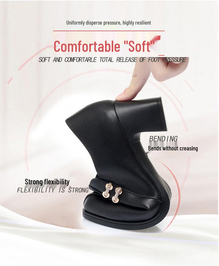 Burgundy Chunky Heel Soft Leather Shoes for Women - Spring & Autumn 2022, Comfortable for Middle-Aged & Elderly