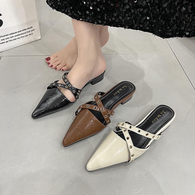 2026 New Sexy Pointed Toe High Quality Trendy Belt Buckle Design Women's Slippers Fashion Baotou Party Mules