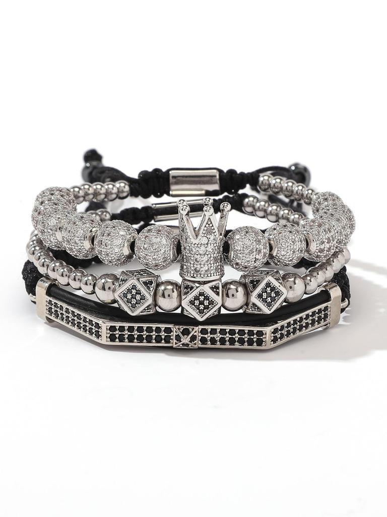 Men's Copper Zirconia Crown Ball Rhombus Double Row Crescent Bracelet Set