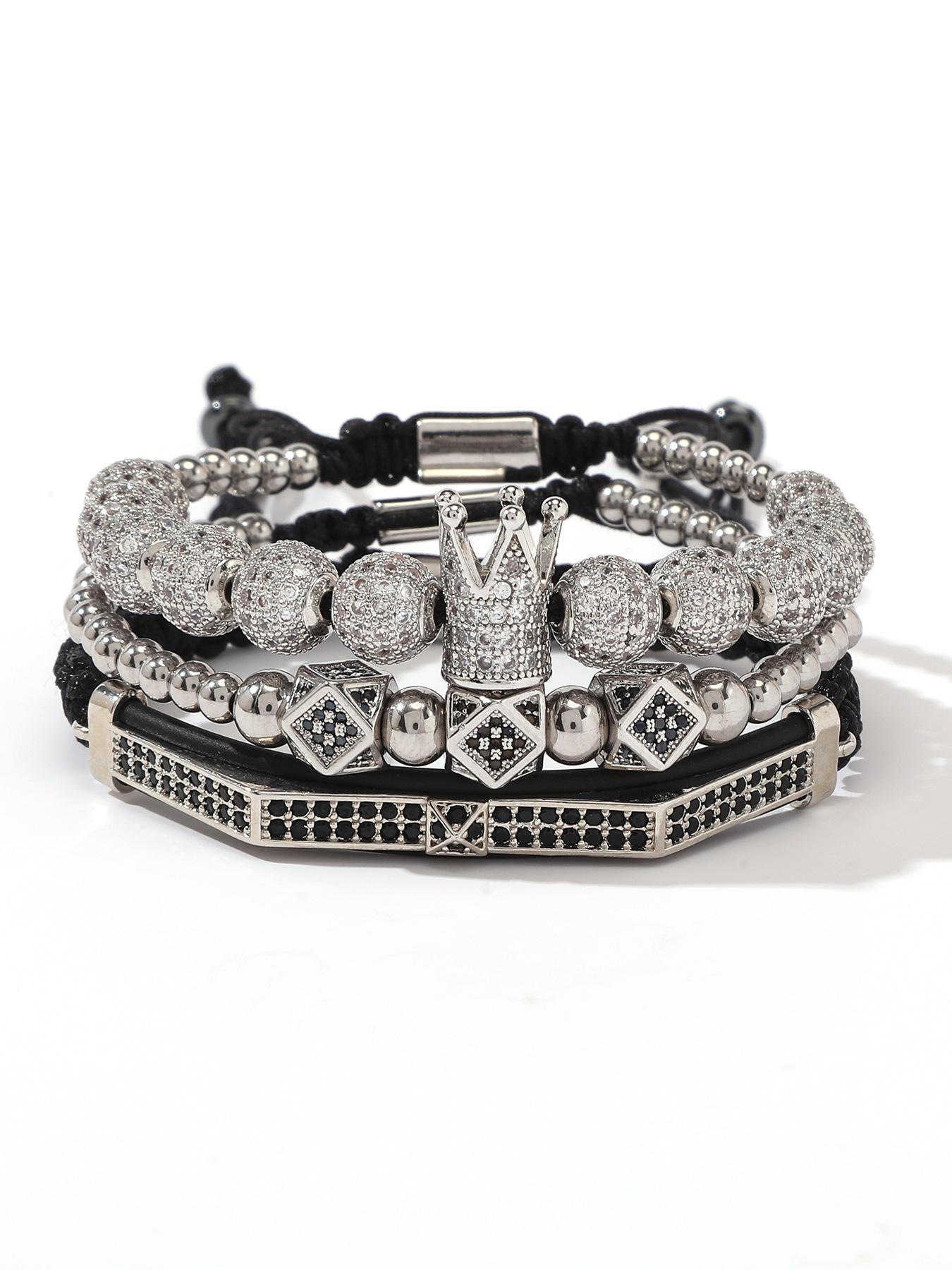 Men s Copper Zirconia Crown Ball Rhombus Double Row Crescent Bracelet Set