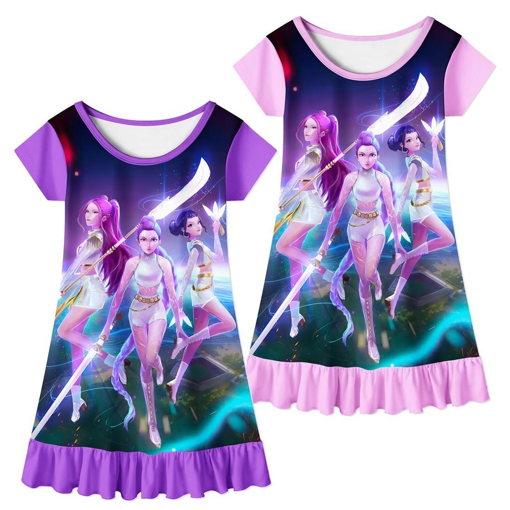 Kpop Demon Hunters Cotton Short Sleeve Sleep Dress For Kids Summer Wear
