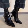 Cowhide version~ High heel pointed short boots French thin heel elastic boots women's versatile soft leather zipper leather thin boots