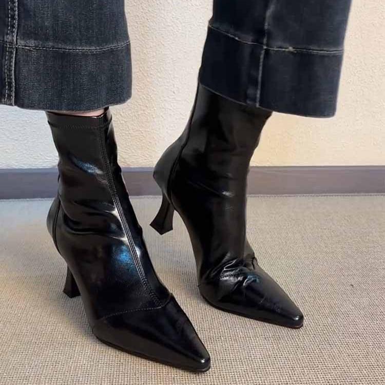 Cowhide version~ High heel pointed short boots French thin heel elastic boots women's versatile soft leather zipper leather thin boots